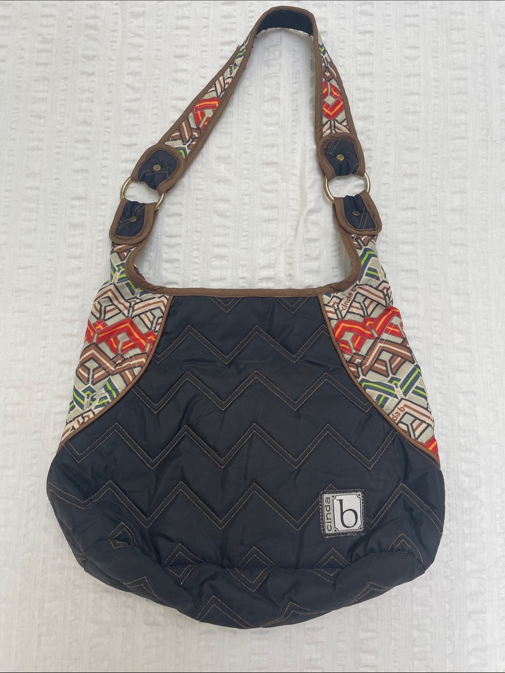 Cinda B Black Chevron Quilted Mini Hobo Bag Geometric Accent Boho